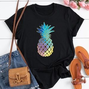 Multi Color Pineapple Black T-Shirt